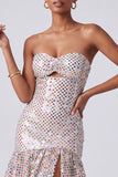 Blush Sequins Tiered Ruffled Keyhole Strapless Long Prom Dress with Side Slit