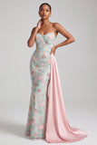 Light Green Mermaid Sequins Embroidered Strapless Long Prom Dress with Draping