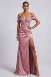Dusty Rose Corset Off the Shoulder Sheath Sequins Satin Long Prom Dress with Beading