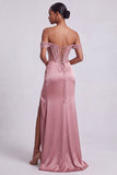 Dusty Rose Corset Off the Shoulder Sheath Sequins Satin Long Prom Dress with Beading