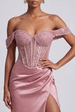 Dusty Rose Corset Off the Shoulder Sheath Sequins Satin Long Prom Dress with Beading