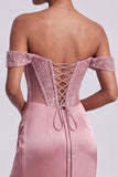 Dusty Rose Corset Off the Shoulder Sheath Sequins Satin Long Prom Dress with Beading