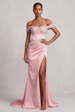 Pink Off the Shoulder Ruched Satin Floral Embroidery Sheath Long Prom Dress with Slit