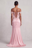 Pink Off the Shoulder Ruched Satin Floral Embroidery Sheath Long Prom Dress with Slit
