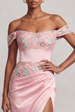 Pink Off the Shoulder Ruched Satin Floral Embroidery Sheath Long Prom Dress with Slit