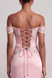Pink Off the Shoulder Ruched Satin Floral Embroidery Sheath Long Prom Dress with Slit