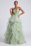 Light Green A-Line Tiered Sequins Spaghetti Straps Long Prom Dress with Appliques