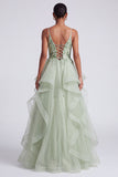 Light Green A-Line Tiered Sequins Spaghetti Straps Long Prom Dress with Appliques
