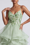 Light Green A-Line Tiered Sequins Spaghetti Straps Long Prom Dress with Appliques