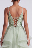 Light Green A-Line Tiered Sequins Spaghetti Straps Long Prom Dress with Appliques