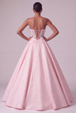 Blush Ball Gown Corset Satin Sheer Strapless Long Prom Dress with 3D Butterfly Appliques