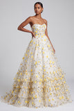 Light Yellow Corset Tiered Ruffled Strapless Long Prom Dress with Floral Appliques