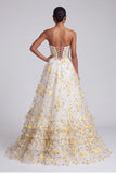Light Yellow Corset Tiered Ruffled Strapless Long Prom Dress with Floral Appliques