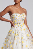 Light Yellow Corset Tiered Ruffled Strapless Long Prom Dress with Floral Appliques