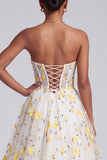 Light Yellow Corset Tiered Ruffled Strapless Long Prom Dress with Floral Appliques