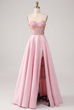 Pink A-Line Satin Strapless Floral Appliques Long Prom Dress with Side Slit