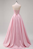 Pink A-Line Satin Strapless Floral Appliques Long Prom Dress with Side Slit