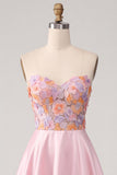 Pink A-Line Satin Strapless Floral Appliques Long Prom Dress with Side Slit