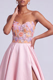 Pink Satin Strapless Floral Appliques A-Line Long Prom Dress with Side Slit