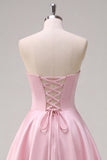 Pink A-Line Satin Strapless Floral Appliques Long Prom Dress with Side Slit