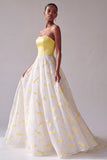 Yellow Satin A-Line Strapless Jacquard Long Prom Dress