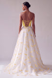 Yellow Satin A-Line Strapless Jacquard Long Prom Dress