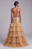 Gold Cut Out Strapless Tiered Ruffled Organza Sequins Long Prom Dress