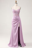 Light Purple Mermaid Corset Floral Appliques Ruched Satin Long Prom Dress with Slit