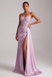 Light Purple Mermaid Floral Appliques Corset Ruched Satin Long Prom Dress with Slit