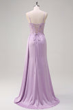 Light Purple Mermaid Corset Floral Appliques Ruched Satin Long Prom Dress with Slit