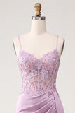 Light Purple Mermaid Corset Floral Appliques Ruched Satin Long Prom Dress with Slit