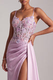 Light Purple Mermaid Floral Appliques Corset Ruched Satin Long Prom Dress with Slit