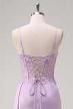 Light Purple Mermaid Corset Floral Appliques Ruched Satin Long Prom Dress with Slit