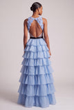 Light Blue V-Neck Floral Appliques Chiffon Tiered Ruffled Tulle Long Prom Dress with Bow
