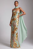 Strapless Gold Sheath Sequins Long Prom Dress with Chiffon Draping