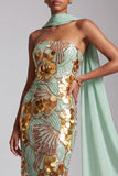 Strapless Gold Sheath Sequins Long Prom Dress with Chiffon Draping