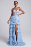 Light Blue A-Line Satin Corset Sheer Chiffon Tiered Ruffled Long Prom Dress with Slit
