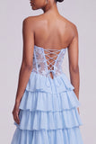 Light Blue A-Line Satin Corset Sheer Chiffon Tiered Ruffled Long Prom Dress with Slit