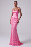 Hot Pink Mermaid Satin Sequins Rhinestone Strapless Long Prom Dress