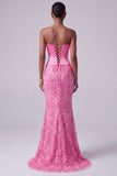 Hot Pink Mermaid Satin Sequins Rhinestone Strapless Long Prom Dress