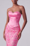 Hot Pink Mermaid Satin Sequins Rhinestone Strapless Long Prom Dress