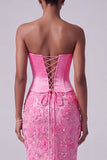 Hot Pink Mermaid Satin Sequins Rhinestone Strapless Long Prom Dress