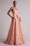 Peach Strapless Floral Embroidery Sequins A-Line Long Prom Dress with Satin Bow