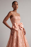Peach Strapless Floral Embroidery Sequins A-Line Long Prom Dress with Satin Bow