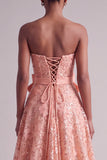 Peach Strapless Floral Embroidery Sequins A-Line Long Prom Dress with Satin Bow