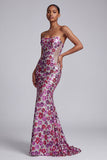 Fuchsia Sheer Mesh Strapless Sequins Floral Mermaid Long Prom Dress with Sweep Train