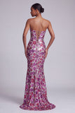 Fuchsia Sheer Mesh Strapless Sequins Floral Mermaid Long Prom Dress with Sweep Train