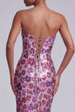 Fuchsia Sheer Mesh Strapless Sequins Floral Mermaid Long Prom Dress with Sweep Train