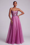 Fuchsia Sequins Floral Strapless A-Line Chiffon Long Prom Dress