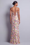 Pink Floral Sequins Mermaid Slit Long Prom Dress with Rhinestone Straps